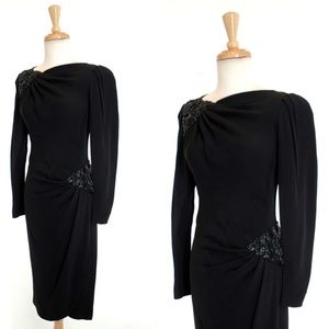 80s Vintage Black Beaded Draped Disco Dress Small